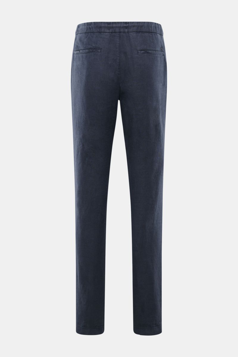 Closed Leinen-Jogpants navy, Rückansicht, schmal zulaufend, kurzer Schnitt, reine Leinenqualität, Regular Fit, elastischer Bund mit Tunnelzug, paspelierte Gesäßtaschen.