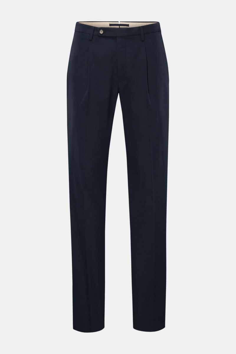 Front view of Incotex Cotton trousers navy in pure cotton, lightweight robust fabric, regular fit with single pleat, zip and waist button, extended buttoned tab, French pockets, jetted back pockets with button, slightly tapered cut, and open length.