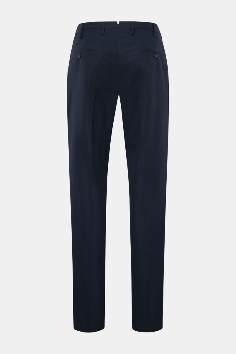 Incotex Baumwollhose navy in Regular Fit, rückwärtige Ansicht, reine Baumwolle, Bundfalte, paspelierte Gesäßtaschen mit Knopf, französische Taschen.