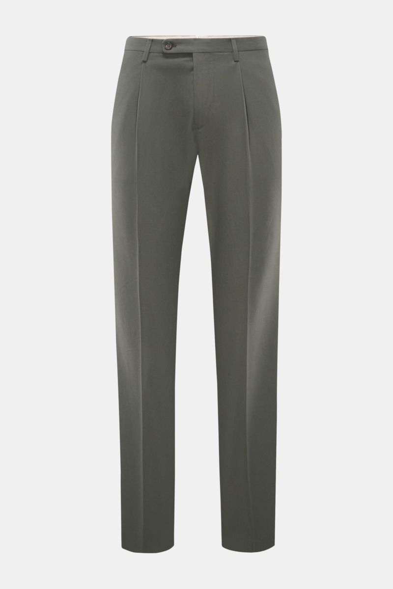 Front view of Incotex Cotton trousers dark green made of pure cotton with single pleat, extended buttoned tab, French pockets, and jetted back pockets with button. Lightweight robust fabric, regular fit, slightly tapered cut, zip and waist button, open le