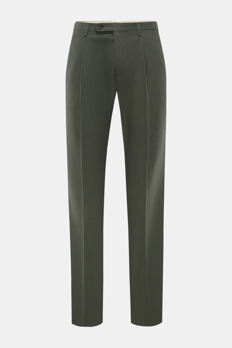 Incotex Baumwollhose dunkelgrün, Regular Fit, mit Bundfalte, Knopfriegel, französischen Taschen, fotografiert frontal von vorne.
