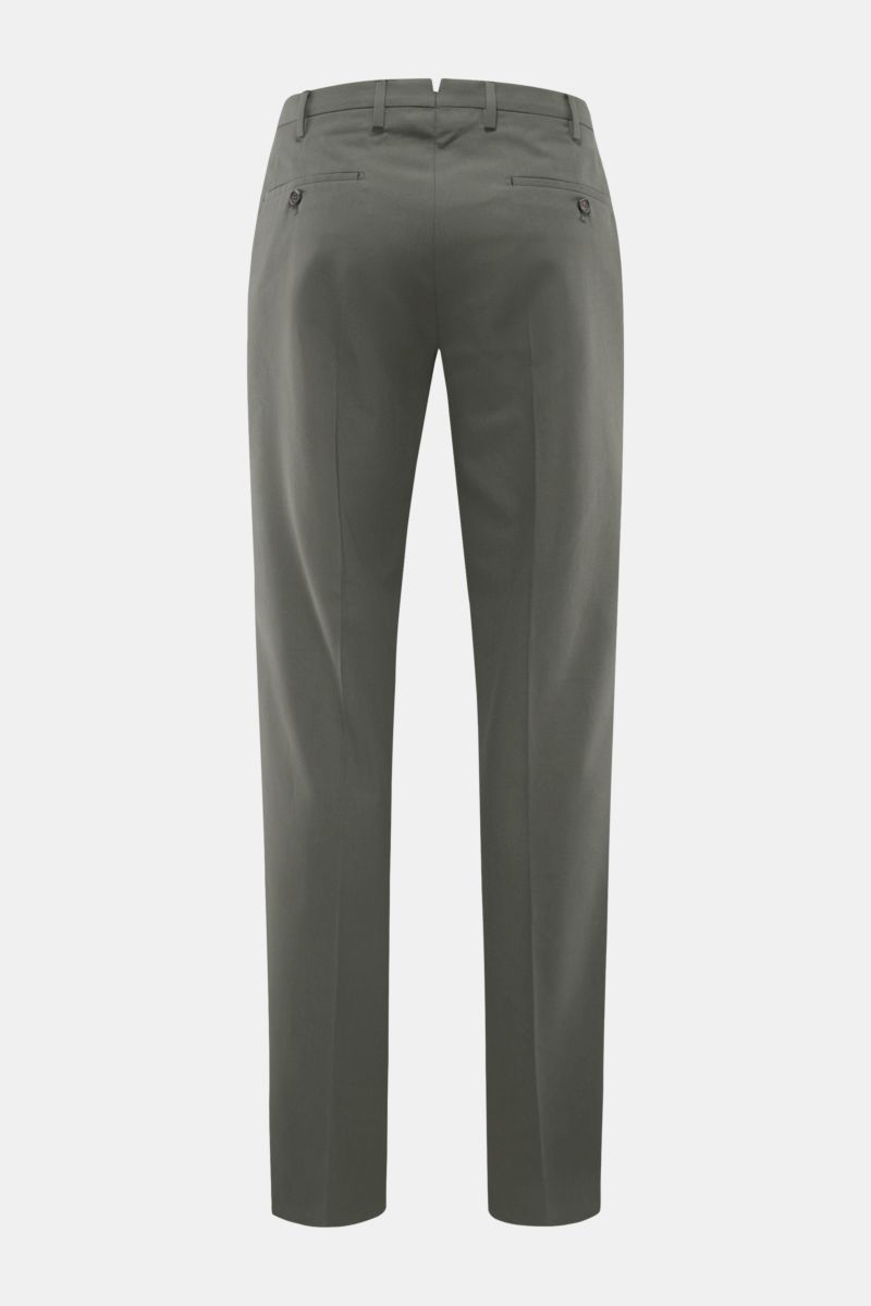 Rear view of Incotex Cotton trousers dark green in pure cotton with single pleat, extended buttoned tab, French pockets, and jetted back pockets with buttons.