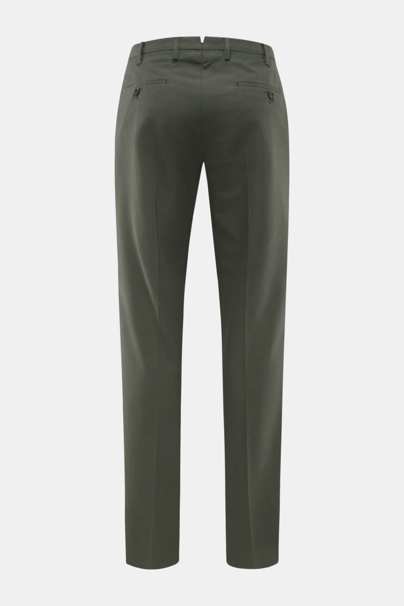 Incotex Baumwollhose dunkelgrün, Rückansicht, Regular Fit, reine Baumwolle, Bundfalte, französische Taschen, paspelierte Gesäßtaschen mit Knopf.