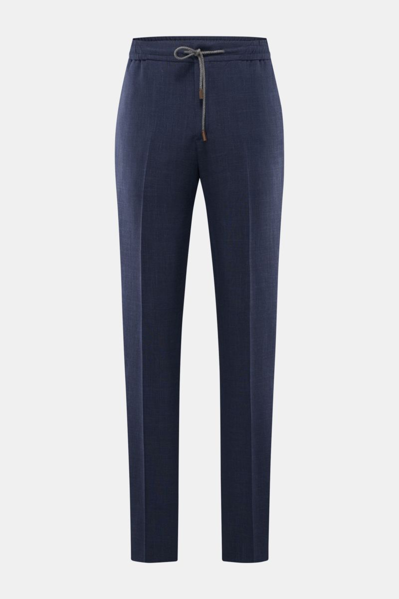 Incotex Jogger pants dark blue mottled, front view of casual wool, silk, linen blend trousers with elasticated waistband, drawstring, zip, button, tapered fit.