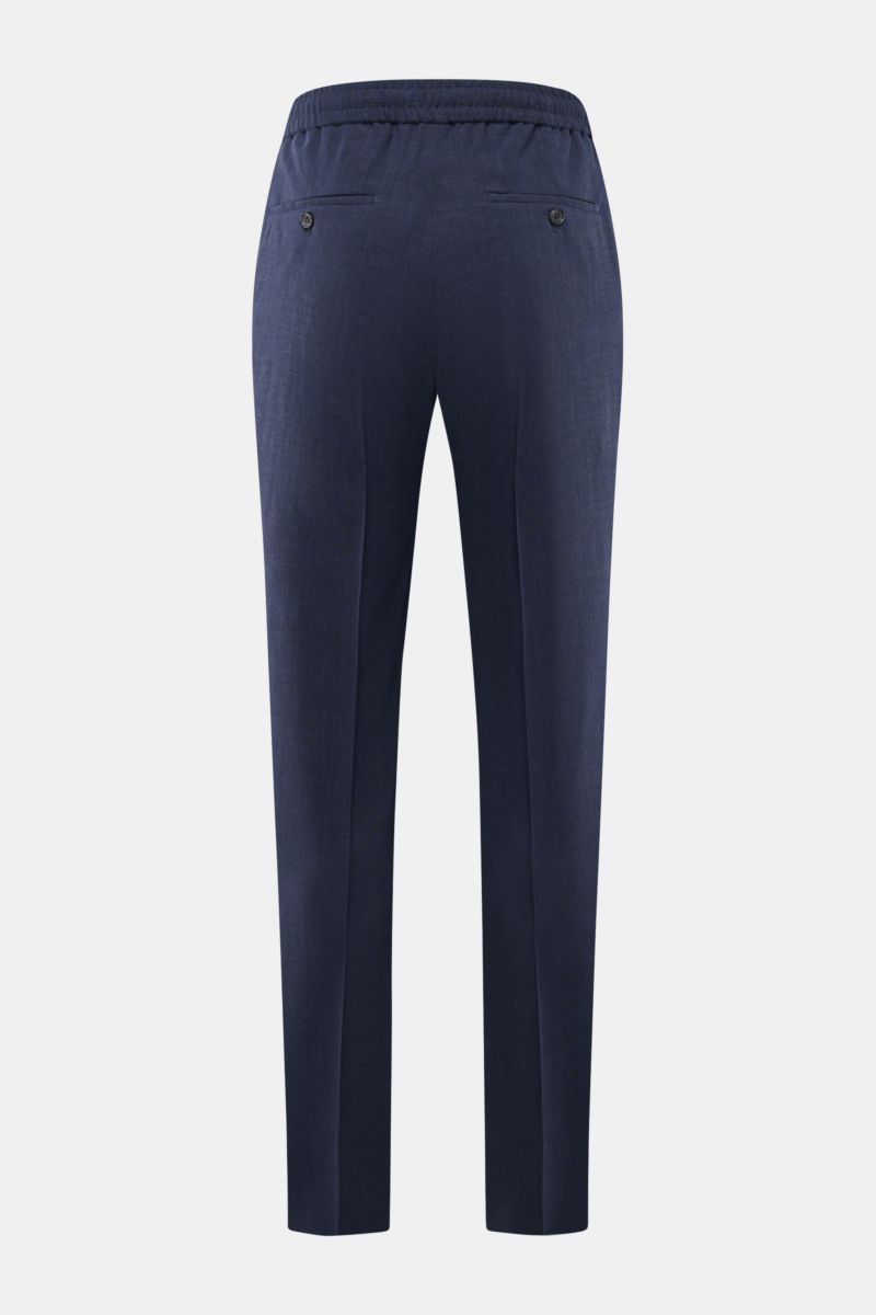 Incotex Jogpants dunkelblau meliert, Rückansicht, Regular Fit, Wolle-Seide-Leinen-Mix, elastischer Bund mit Tunnelzug, Knopf-Gesäßtaschen.