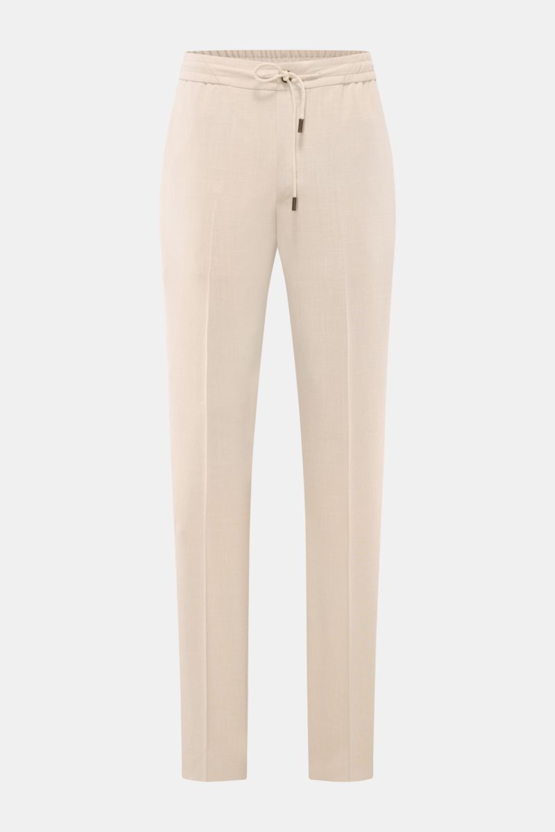 Incotex Jogpants sand, frontale Nahaufnahme, Wolle-Seide-Leinen-Mix, elastischer Bund mit Tunnelzug, Regular Fit, französische Taschen, offene Länge.