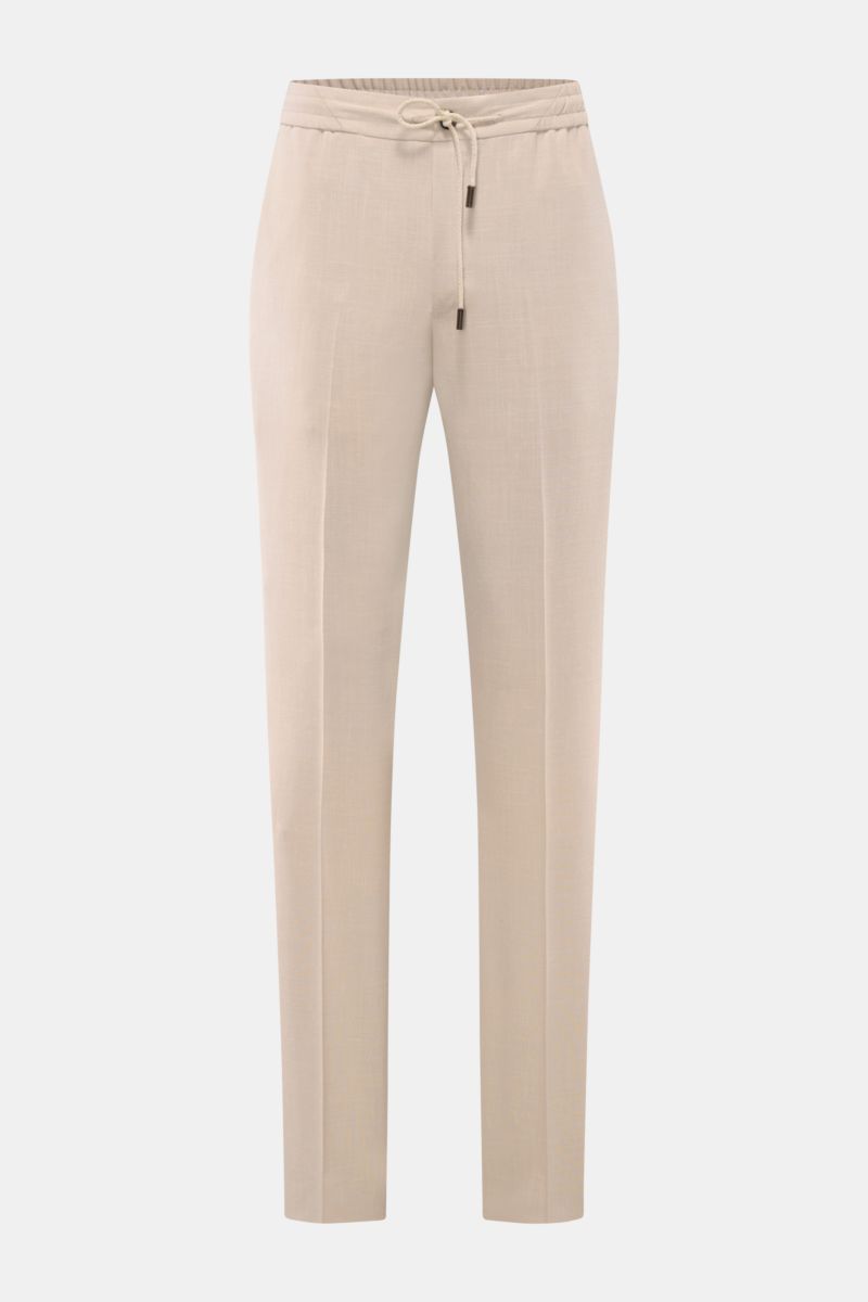 Incotex Jogpants beige meliert, frontal fotografiert, Regular Fit, elastischer Bund mit Tunnelzug, Wolle-Seide-Leinen-Mix, französische Taschen, offene Länge.