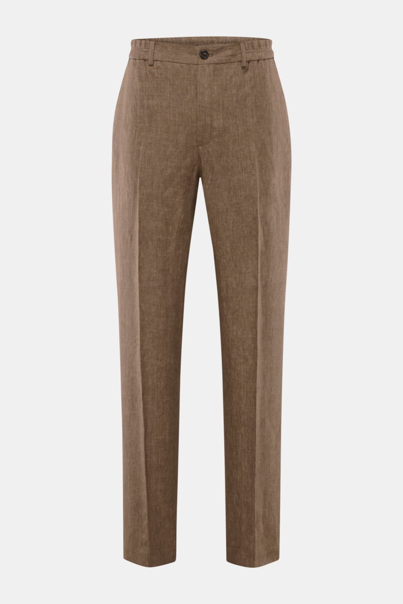 Incotex Leinen-Jogpants braun meliert, frontale Nahaufnahme, Regular Fit, gerader Schnitt, Bund mit Knopf, feine Leinenstruktur sichtbar.