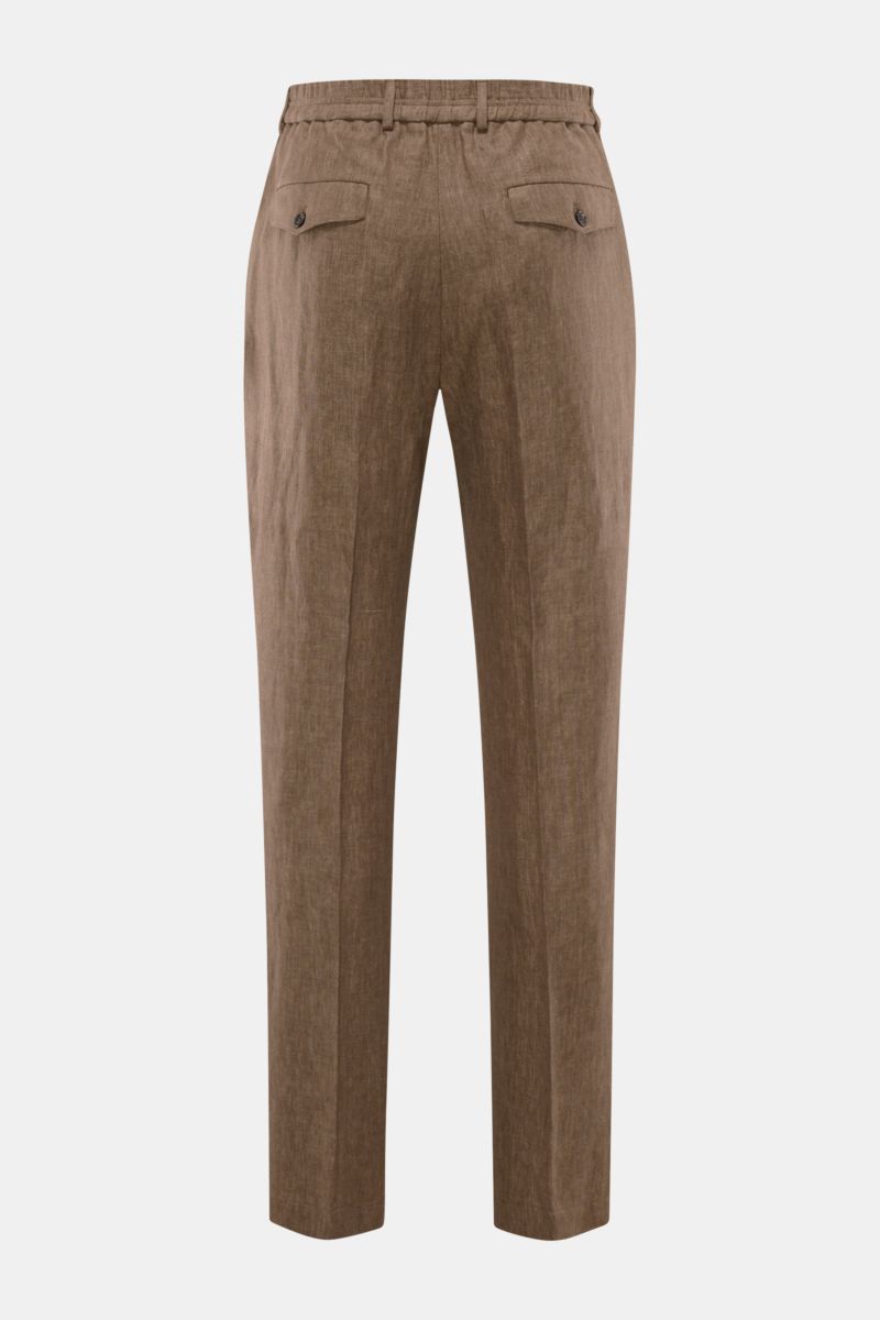 Incotex Leinen-Jogpants braun meliert, Rückansicht, leicht griffige Leinenqualität, gerader Schnitt, teil­elastischer Bund, Knopf-Gesäßtaschen.