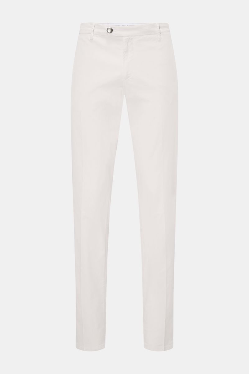 Front view of Richard J. Brown Chinos 'Singapore' sand, slim fit cotton twill with slight stretch, tapered cut, zip and waist buttons, French pockets, small watch pocket, back pockets with button, and leather patch. Everyday luxury: Soft cotton with sligh