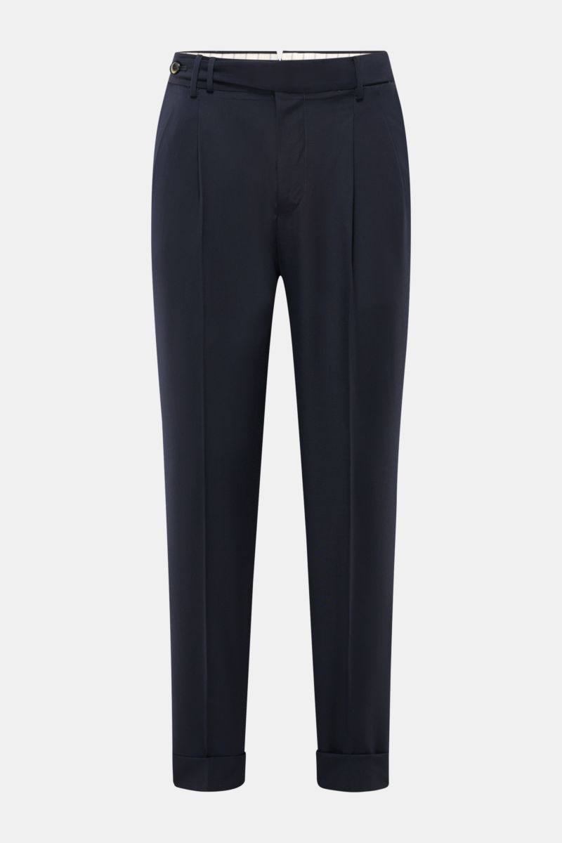 Front view of PT Torino Wool trousers 'Carrot Fit' navy, made of pure virgin wool with soft feel, short cut, stylish double pleats, extended buttoned tab, small watch pocket, French pockets, back flap pockets with button, zip and waist buttons, fixed hem 