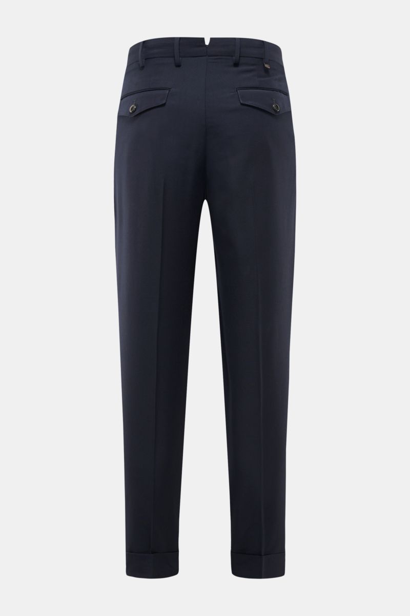 Rear view of PT Torino Wool trousers 'Carrot Fit' navy in elasticated virgin wool, featuring double pleats, buttoned flap back pockets, fixed hem turn-up, and extended buttoned tab, showcasing classic elegance with a modern twist.