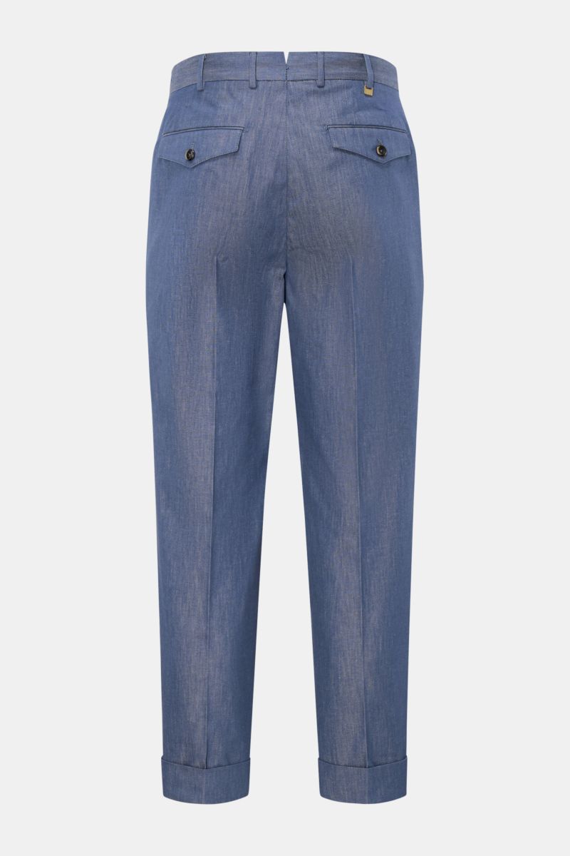 PT Torino Baumwollhose 'Carrot Fit' dunkelblau meliert, Rückansicht, knöchellang, mit Bundfalten, Knopfriegel, Uhrentasche, Patten- und französischen Taschen.