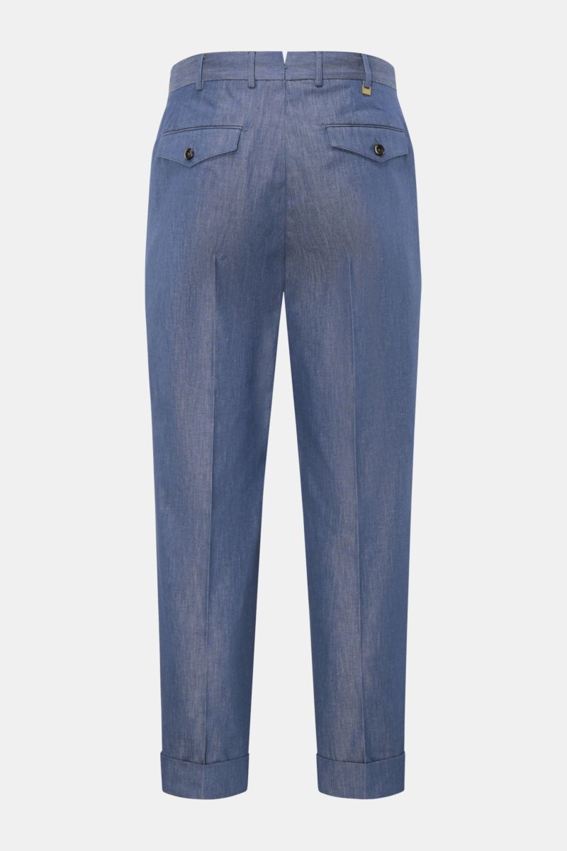 PT Torino Baumwollhose 'Carrot Fit' dunkelblau meliert, Rückansicht, knöchellang, schmal zulaufend mit Bundfalten, Patten- und Uhrentaschen.