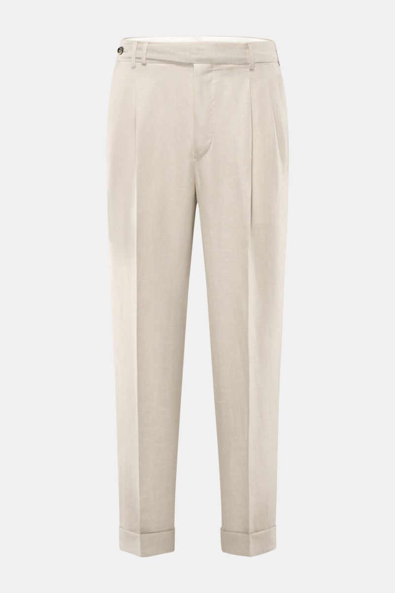 Front view of PT Torino Trousers 'Carrot Fit' sand in a blend of virgin wool and linen with a distinctive twill texture, high waist, double pleats, French pockets, back flap pockets, zip and button closure, extended buttoned tab, small watch pocket, cropp