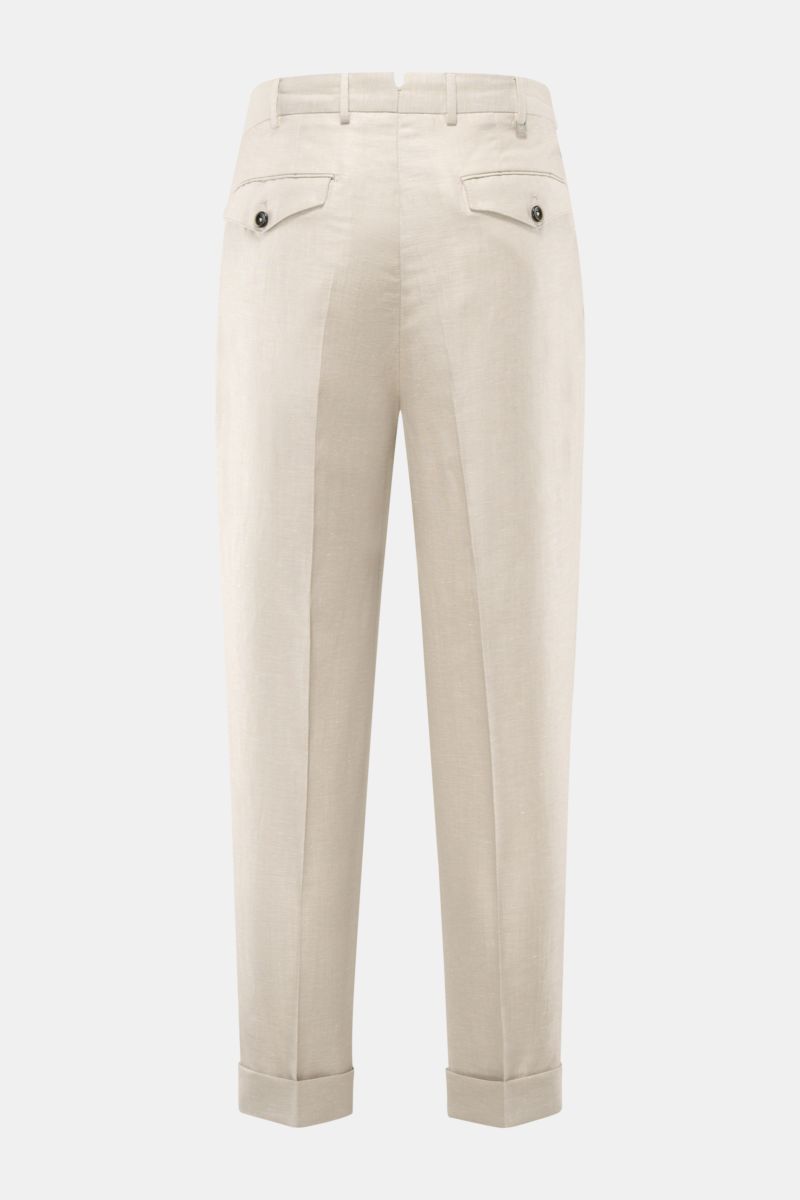 Rear view of PT Torino Trousers 'Carrot Fit' sand in a blend of virgin wool and linen, featuring cropped tapered legs, double pleats, flap back pockets, fixed hem turn-up, and high waist with extended buttoned tab.

Description: Italian nonchalance mee