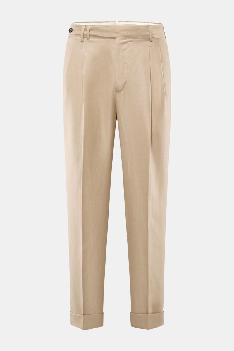 PT Torino Hose 'Carrot Fit' beige, frontale Ansicht, kurzer Tapered-Schnitt, Schurwoll-Leinen-Mix, hohe Bundhöhe, doppelte Bundfalte, fixierter Saumaufschlag.