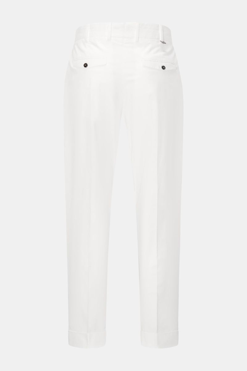 Rear view of PT Torino Chinos 'Rebel Fit' white, tapered fit cotton chinos with single pleat, back flap pockets, and fixed hem turn-up.

Description to include:  
You can’t go wrong with PT TORINO: These comfortably cut chinos made of cotton in a trend