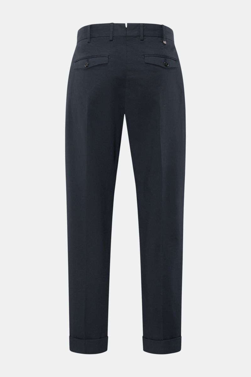 Rear view of PT Torino Chinos 'Rebel Fit' dark navy, tapered cotton chinos with back flap pockets, fixed hem turn-up, and French pockets. 

Description: You can’t go wrong with PT TORINO: These comfortably cut chinos made of cotton in a trendy tapered fit
