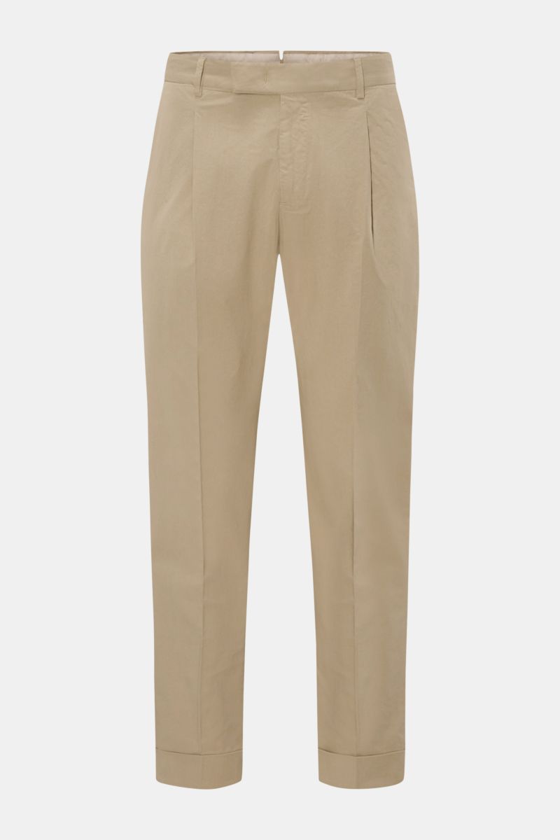 Front view of PT Torino Chinos 'Rebel Fit' beige, tapered cotton chinos with single pleat, French pockets, back flap pockets, and fixed hem turn-up.

Additional description:  
You can’t go wrong with PT TORINO: These comfortably cut chinos made of cott