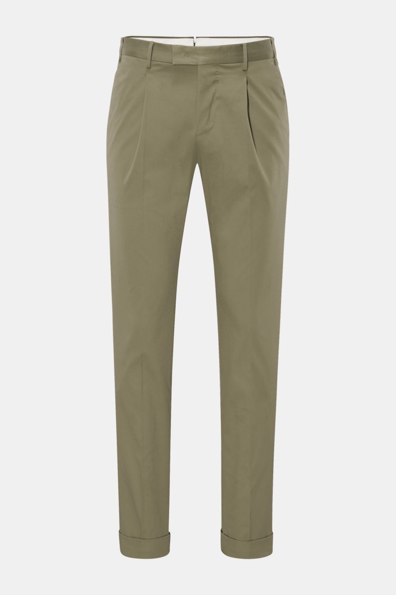 PT Torino Chino 'Master Fit' oliv, frontale Ansicht, Baumwoll-Twill, elastisch, reguläre Oberschenkelweite, Saumaufschlag, französische Taschen.