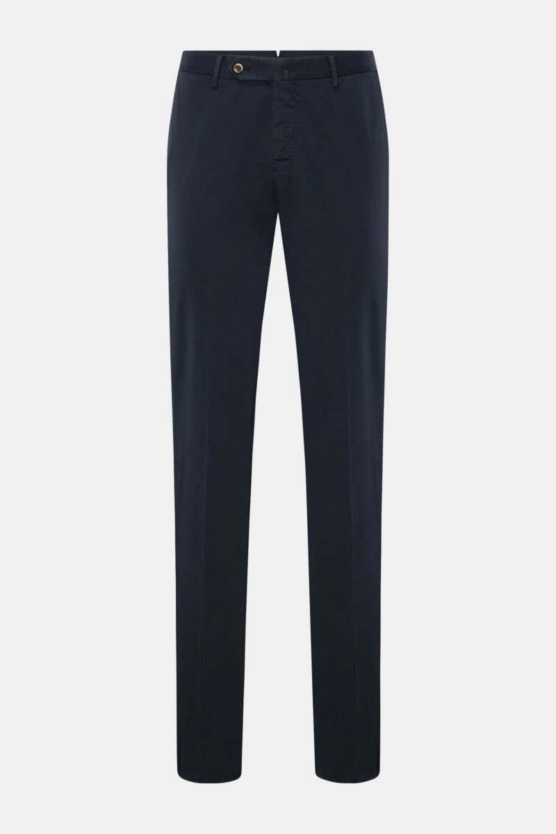 PT Torino Chino 'Slim Fit' navy aus feinem Baumwolltwill mit leichtem Stretch, schmal zulaufend, Frontansicht mit Reißverschluss und Knopf.