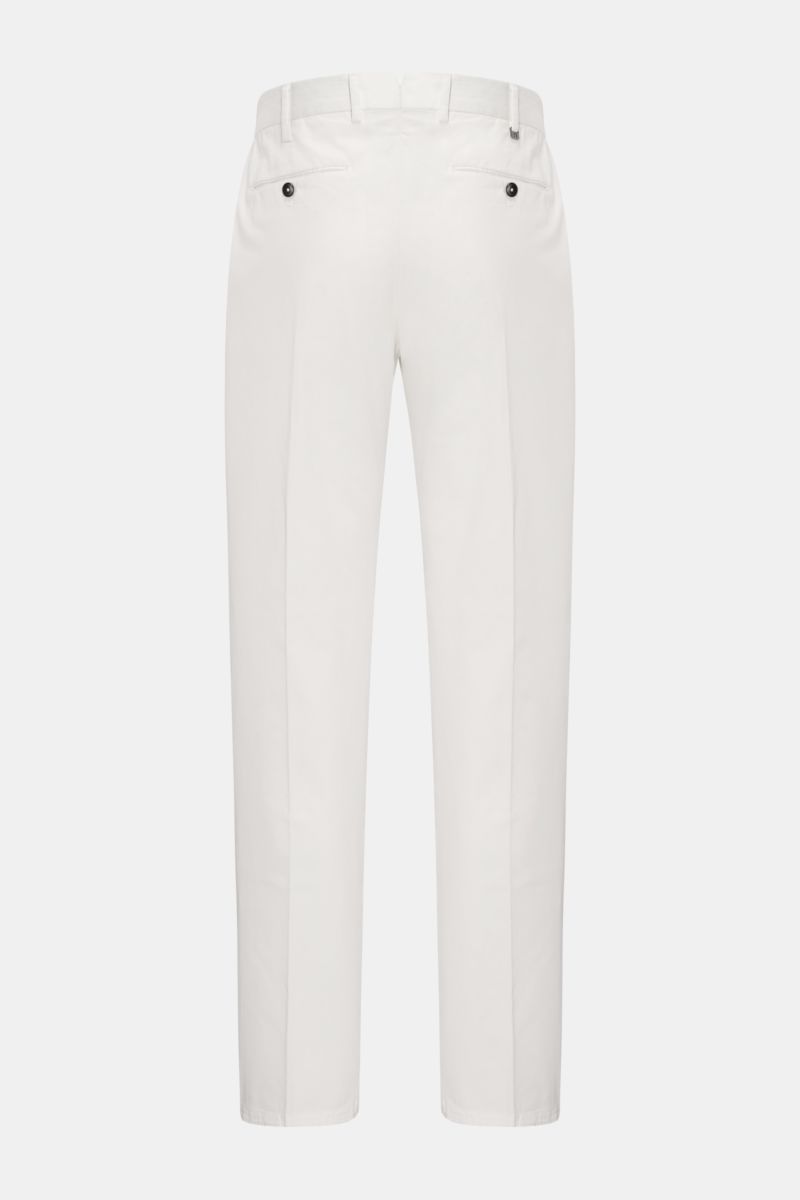 Rear view of PT Torino Chinos 'Union Fit' cream in classic cotton twill with slight stretch, soft feel, regular tapered fit, single pleat, French pockets, small watch pocket, and jetted back pockets with button.

Description: For these chinos, PT TORIN
