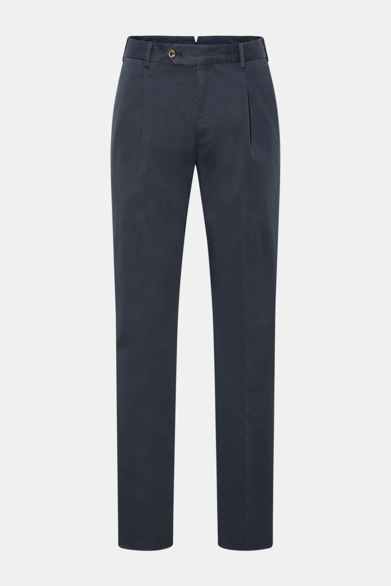 Front view of PT Torino Chinos 'Union Fit' navy made from classic cotton twill with slight stretch, featuring single pleat, French and jetted back pockets with button, tapered cut, and zip and waist buttons for comfort and style. 

For these chinos, PT