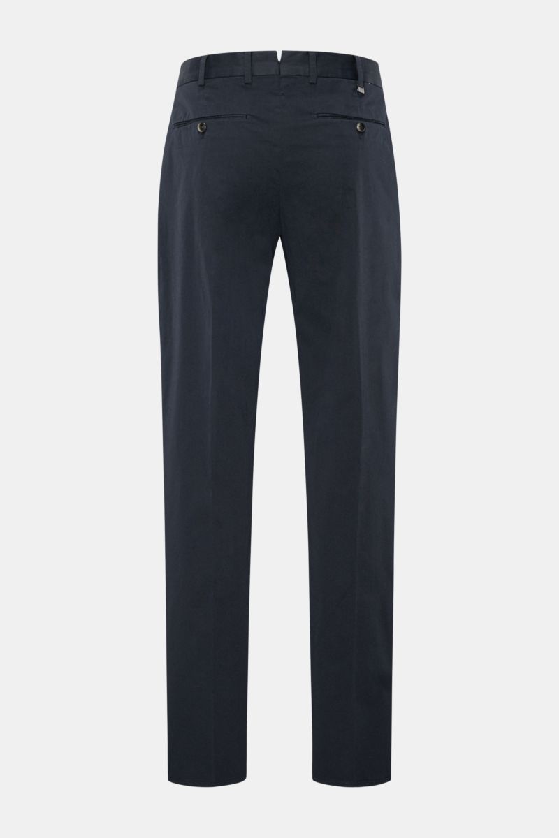 PT Torino Chinos 'Union Fit' navy shown from the back, classic cotton twill with slight stretch, soft feel, regular fit, tapered cut, zip and waist buttons, single pleat, French pockets, small watch pocket, jetted back pockets with button for comfort and 