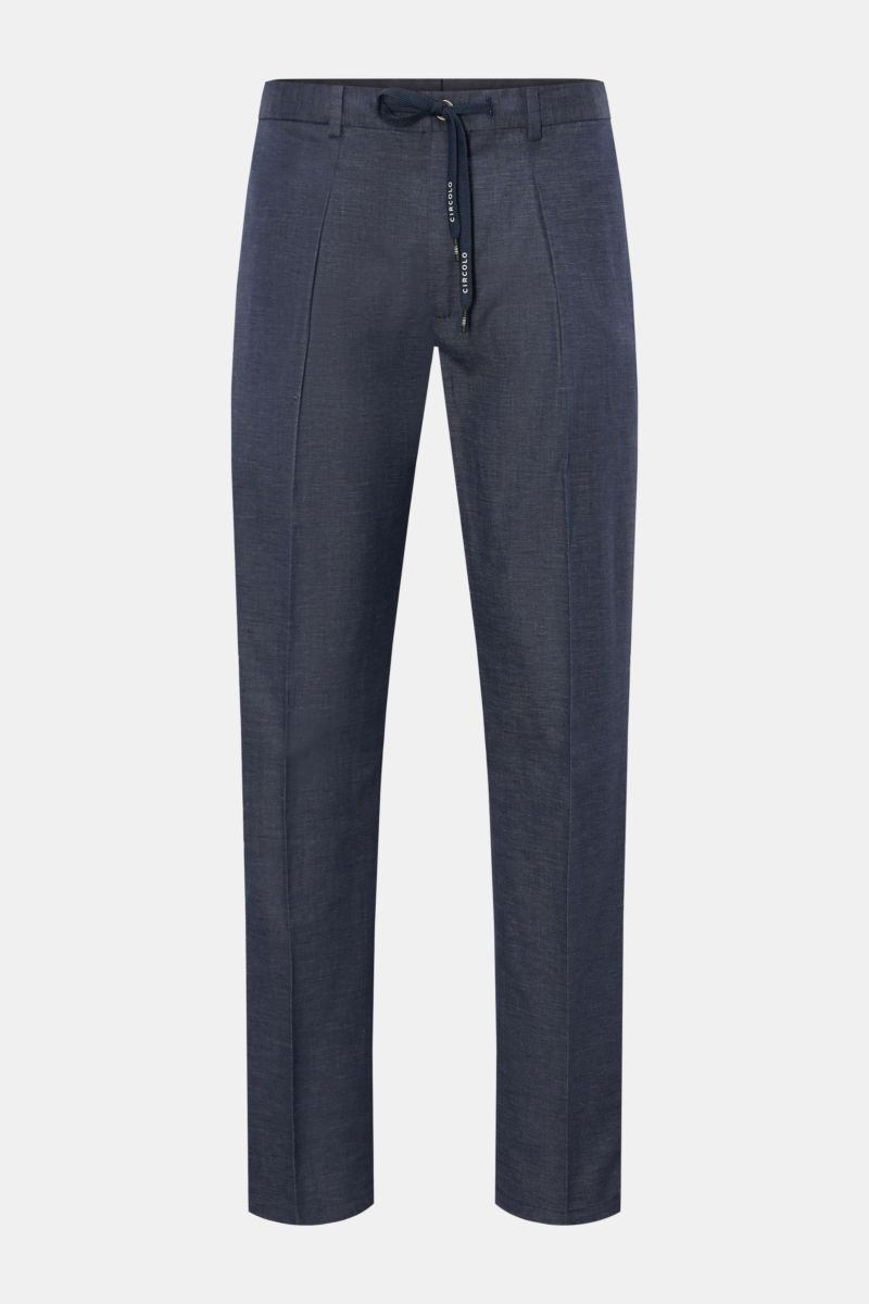 Front view of Circolo 1901 Jogger pants 'Flamed Effect' navy mottled, lightweight cotton-linen blend, regular fit with zip, button, drawstring, side and back pockets.

Description:
Casual sophistication refined: With their lightweight cotton fabric, th