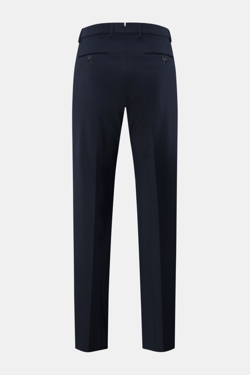 GTA Jersey trousers 'Federico' navy shown from the back, made of jersey viscose and microfiber, elasticated waistband, soft feel, regular fit, slightly tapered cut, zip and waist button, single pleat, French pockets, jetted back pockets with button, open 