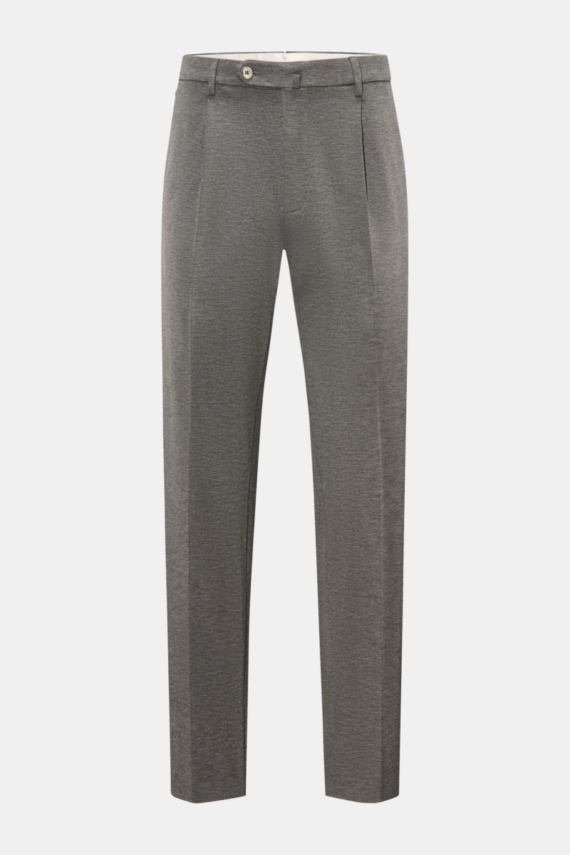 Front view of GTA Jersey trousers 'Federico' dark grey mottled, made of elastic jersey with single pleat, French and jetted back pockets. For casual office looks: The jersey trousers 'Federico' by GTA combine maximum comfort with timeless elegance to make