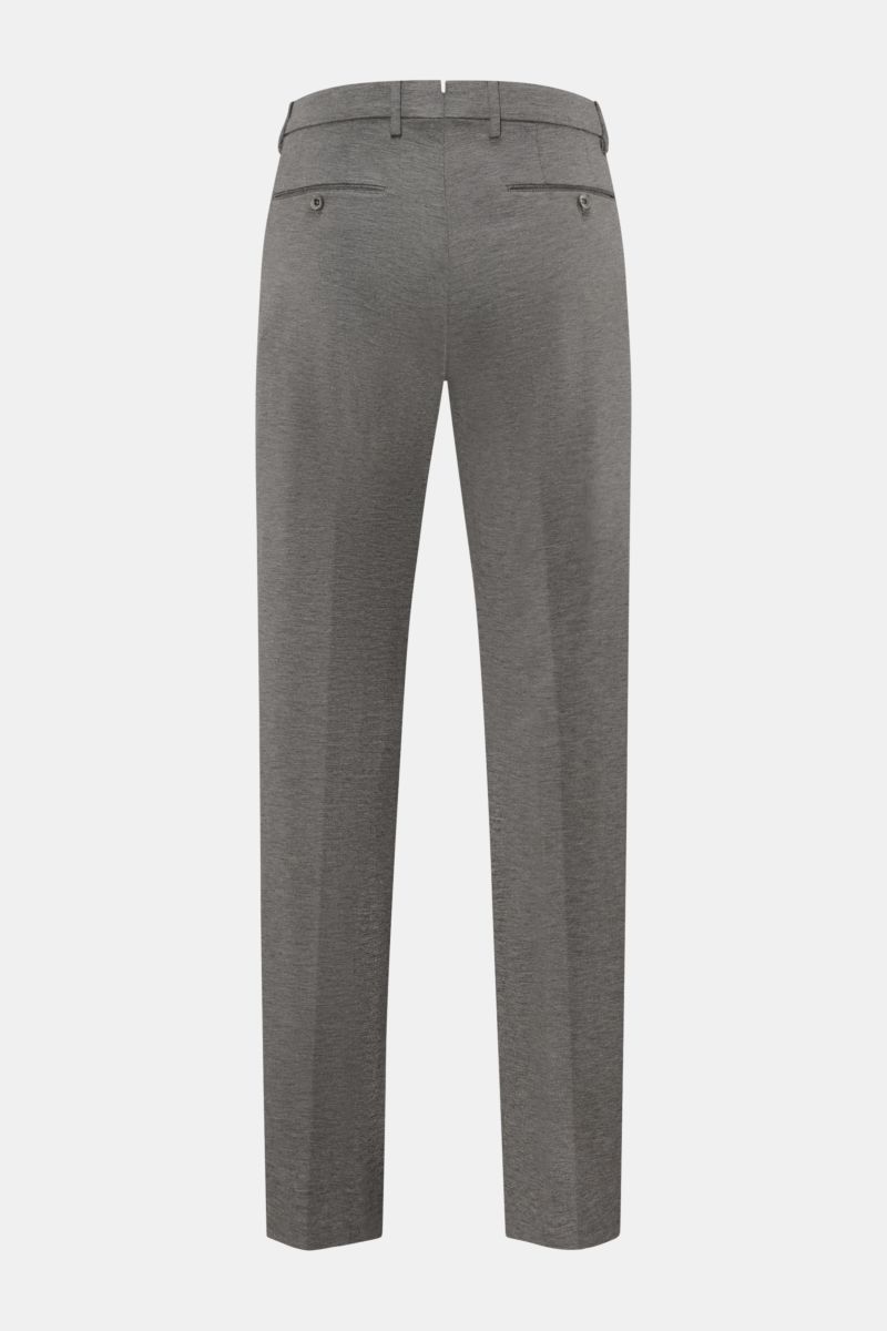 GTA Jersey trousers 'Federico' dark grey mottled shown from the back, featuring elasticated waistband, single pleat, French and jetted back pockets with buttons, zip and waist button closure, slightly tapered regular fit with a soft jersey material made o
