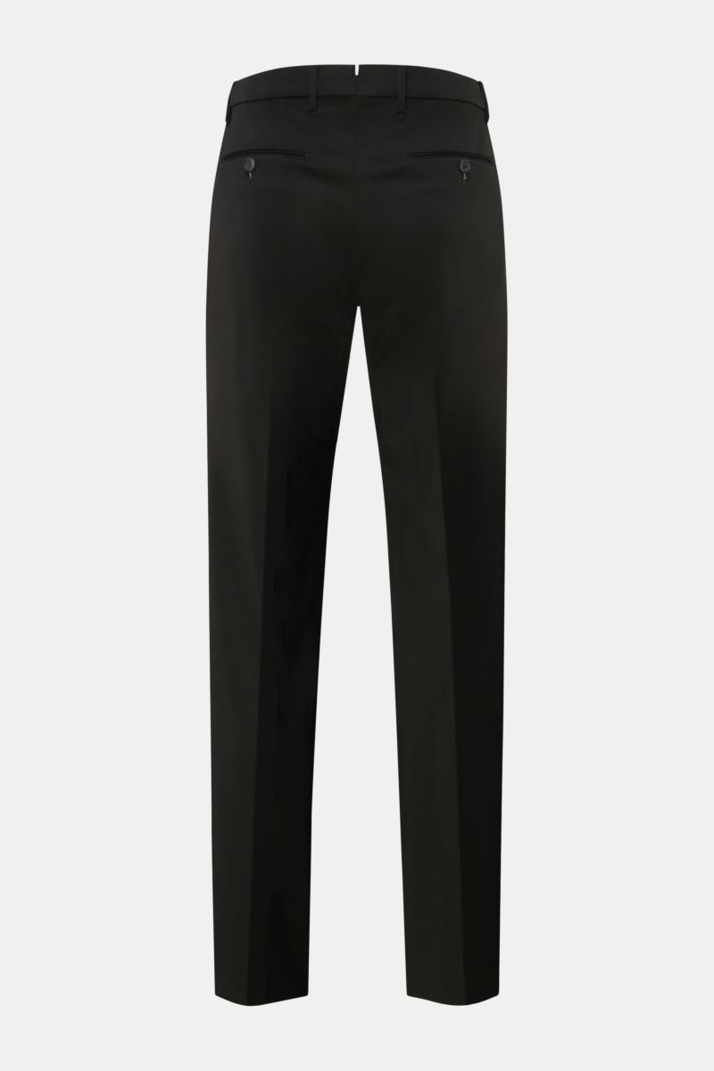 Rear view of GTA Jersey trousers 'Federico' black, showcasing regular fit, slightly tapered cut, elastic waistband, French and jetted back pockets with buttons, single pleat, zip and waist button closure, made from soft jersey viscose and microfiber mater