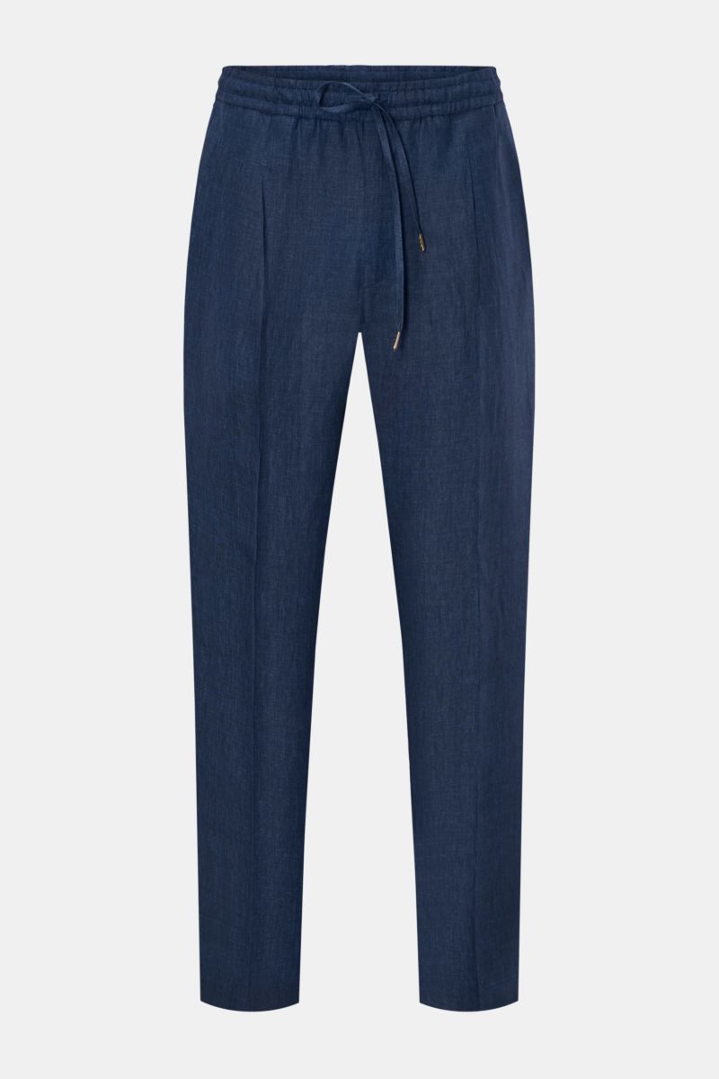 Front view of Briglia 1949 Jogger pants 'Wimbledon' dark blue mottled, tapered linen joggers with elastic drawstring waist.

Add some Italian flair to your wardrobe with the casual jogger pants 'Wimbledon' from the label BRIGLIA 1949: A modern tapered 