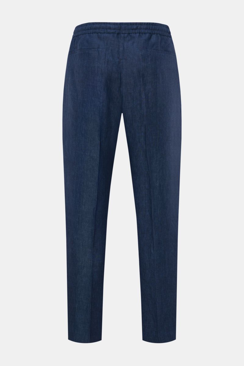Rear view of Briglia 1949 Jogger pants 'Wimbledon' dark blue mottled in pure linen with elasticated waistband, zip fly, tapered fit, and French pockets.

Add some Italian flair to your wardrobe with the casual jogger pants 'Wimbledon' from the label BR