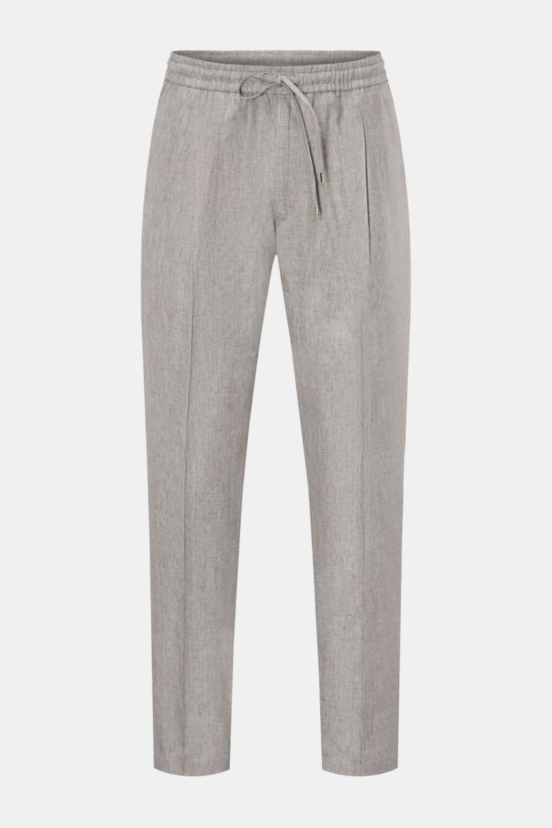 Front view of Briglia 1949 Jogger pants 'Wimbledon' grey mottled, casual tapered fit linen trousers with elastic drawstring waist, zip fly, single pleat, French and jetted back pockets. 

Add some Italian flair to your wardrobe with the casual jogger p