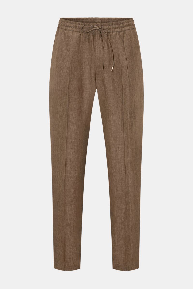 Front view of Briglia 1949 Jogger pants 'Wimbledon' brown mottled, casual linen joggers with elastic waistband and drawstring.

Add some Italian flair to your wardrobe with the casual jogger pants 'Wimbledon' from the label BRIGLIA 1949: A modern taper