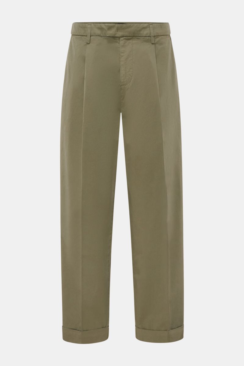 Dondup Baumwollhose 'Mel' oliv, frontale Ansicht, loose Fit, knöchellang mit einfacher Bundfalte, Reißverschluss, französischen Taschen, Saumaufschlag.