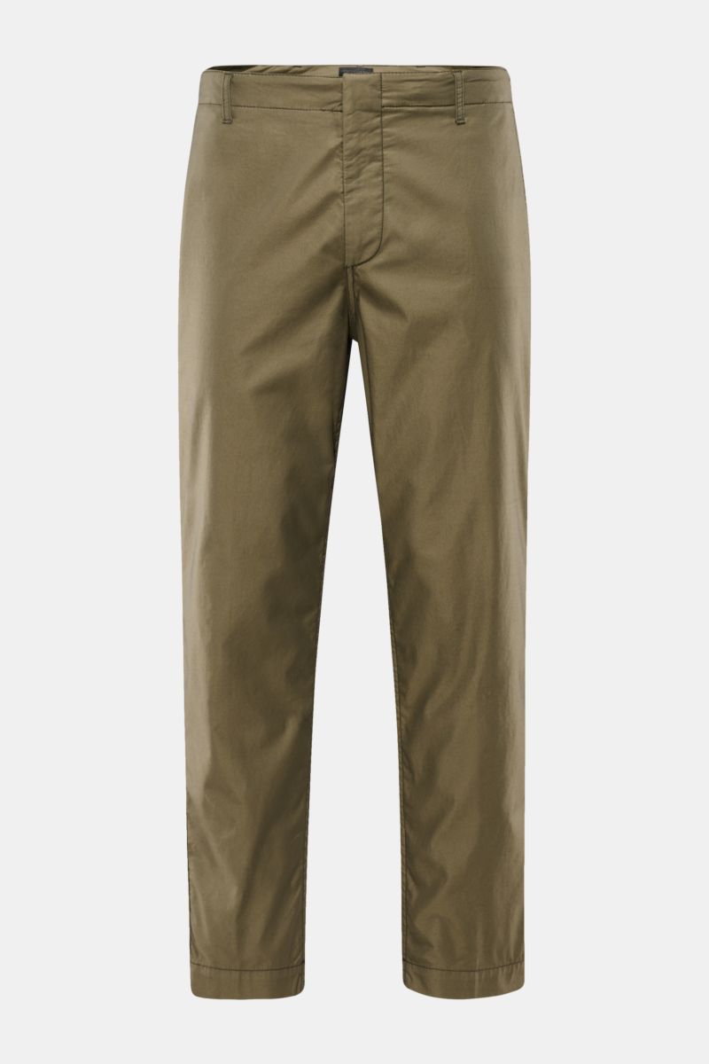 Front view of Dondup Chino 'Zyan' oliv, slim fit olive green cotton-microfiber pants with elastic quality, zipper, button, French and welt pockets, and metal initial.