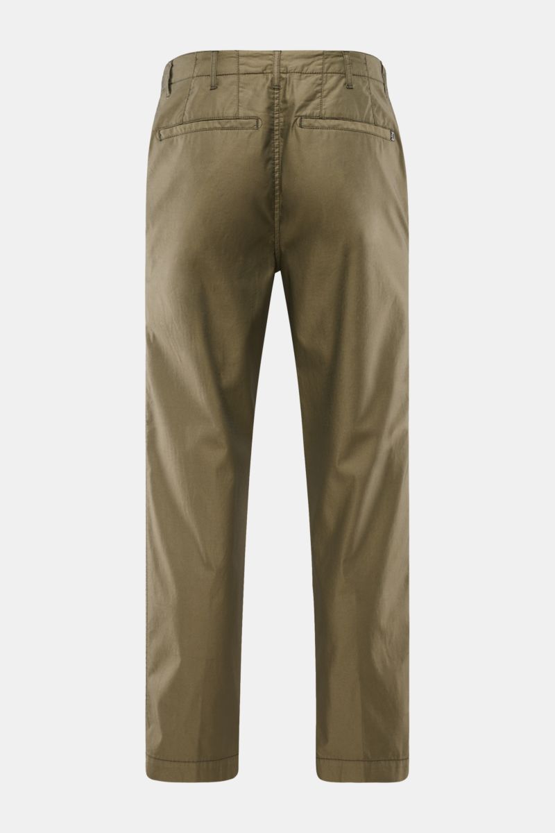 Back view of Dondup Chino 'Zyan' oliv, slim fit olive green chinos with soft cotton-microfiber blend, elastic quality, short tapered cut, zipper and button closure, French pockets, and metal initial detail. Smart casual comfort with relaxed elegance.