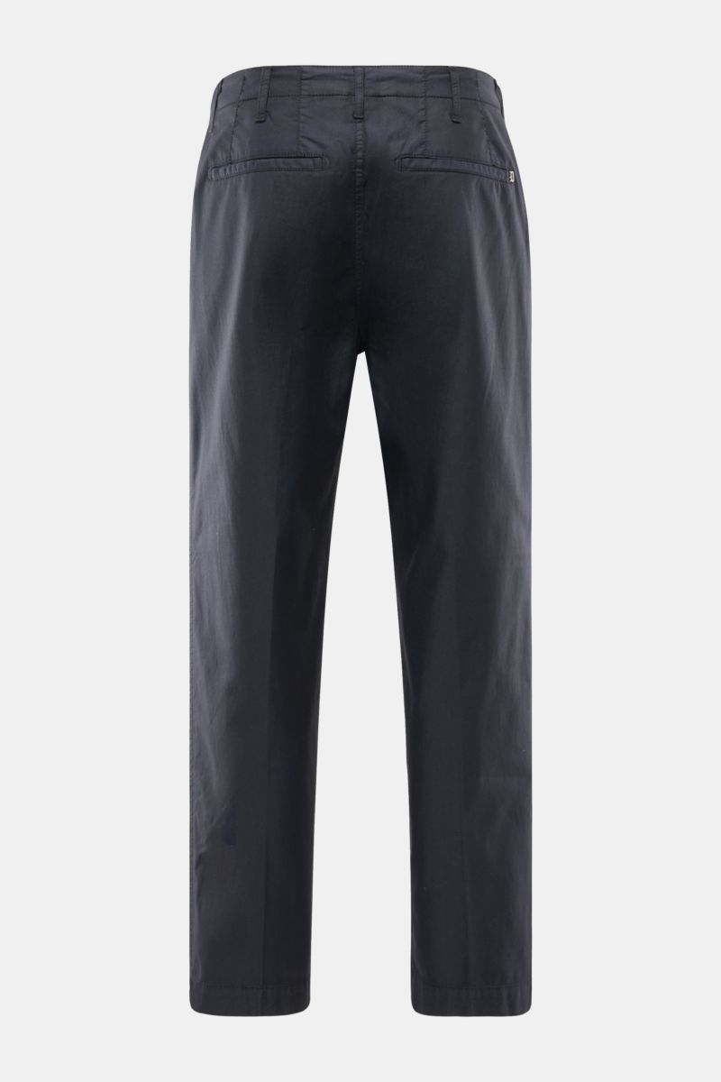 Dondup Chino 'Zyan' dark navy shown from the back, slim fit with elastic cotton-microfiber blend, soft touch, tapered short cut, zipper, button, French and welt back pockets, metal initial. Smart casual comfort with clear cut and elastic quality.