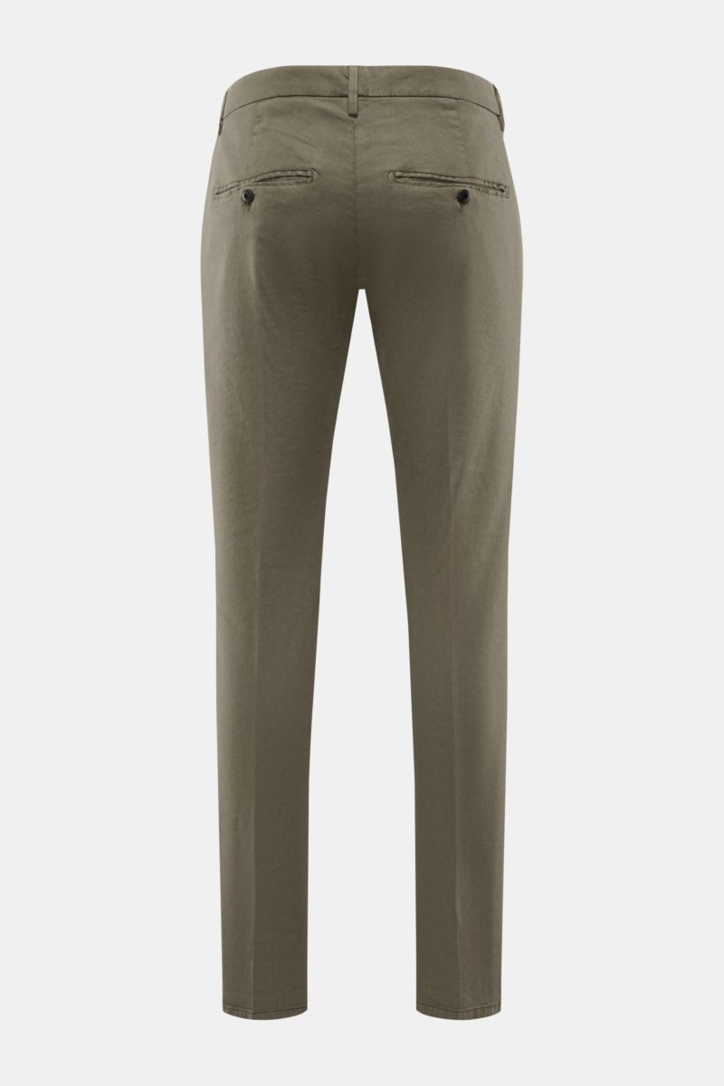 Rear view of Dondup Hose 'Gaubert' khaki smart casual slim fit pants, linen and lyocell mix, elastic, soft touch, garment dyed with buttoned back pockets and metal initial.