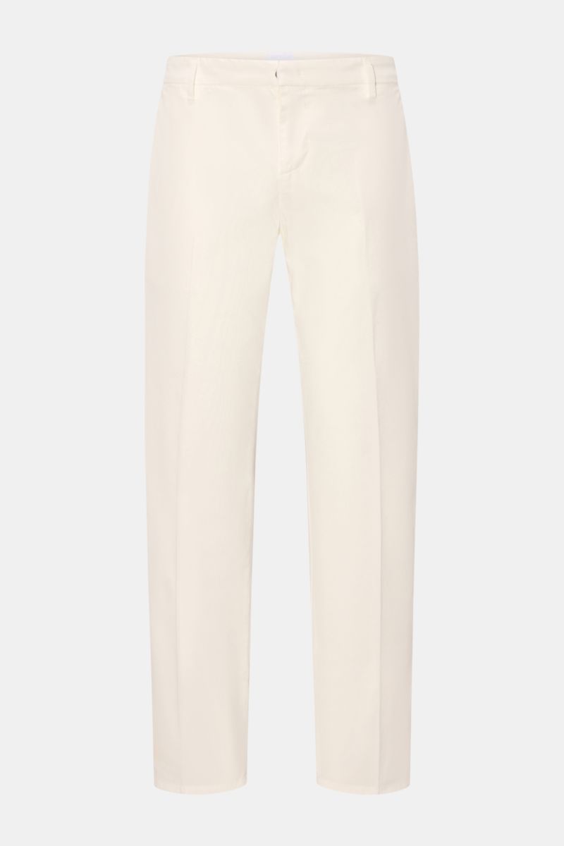 Dondup Baumwollhose 'Gaubert' offwhite, slim Fit, schmal geschnittene Wade, leicht elastisch, weicher Griff, frontale Ansicht mit Reißverschluss, Slide Button, französischen Taschen und Metall-Initial.