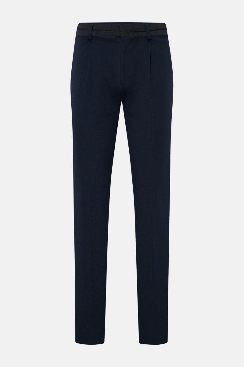 Kiefermann Jersey-Hose 'Hunfrid' navy, frontal knöchellang, Slim Fit mit elastischem Bund, Twill-Optik, Reißverschluss, Bundhaken, Leistentaschen, Jersey aus Viskose/Microfaser.