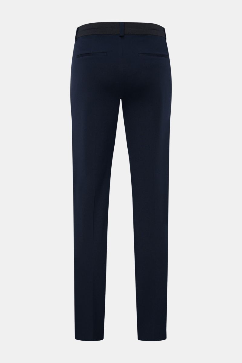 Kiefermann Jersey-Hose 'Hunfrid' navy, Slim Fit, knöchellang, elastischer Bund, Reißverschluss, Bundhaken, Leistentaschen, Twill-Optik, Rückansicht.