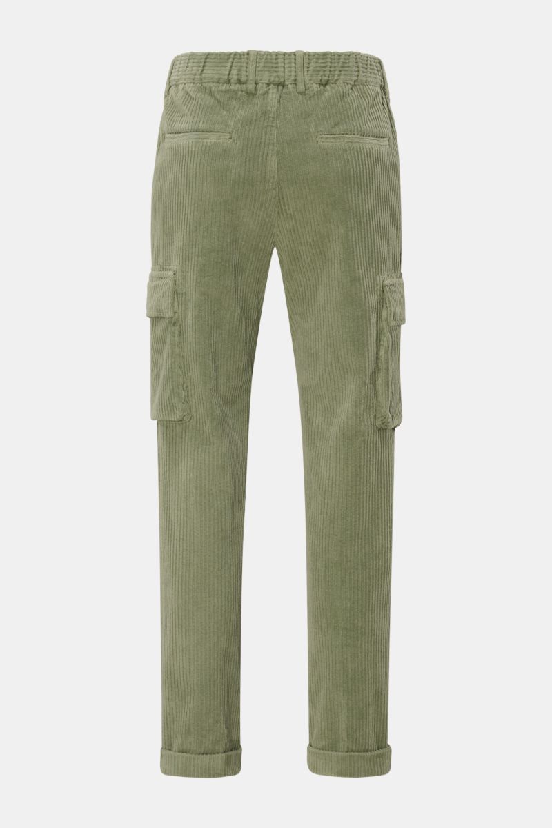 04651/ A trip in a bag Cord-Cargohose salbei von hinten, knöchellang, elastischer Bund, Cargo- und französische Taschen, Cord aus Baumwolle.