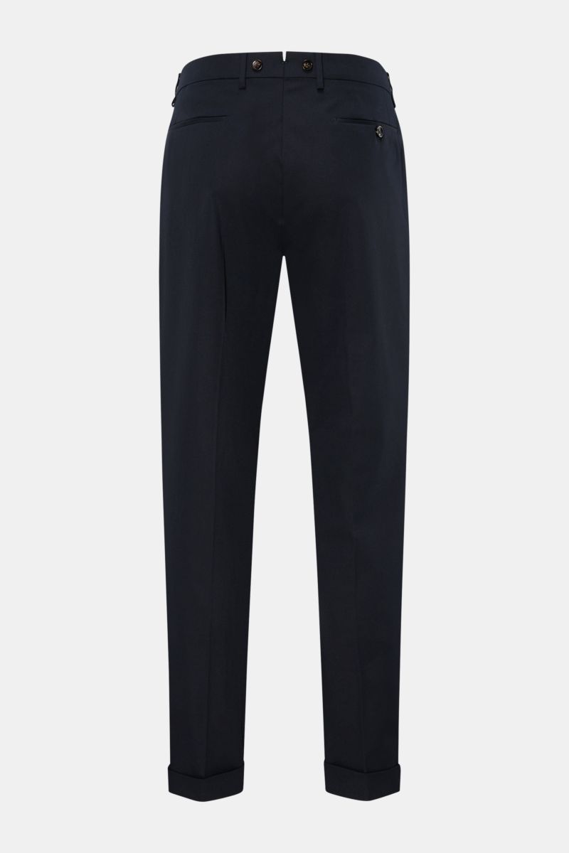 Rear view of Berwich Chino 'Barber' navy trousers made from classic cotton twill with light stretch, double pleats, buttons for suspenders, regular fit, tapered legs, side seam pockets, welt back pockets, fixed cuffs, and extended button tab.