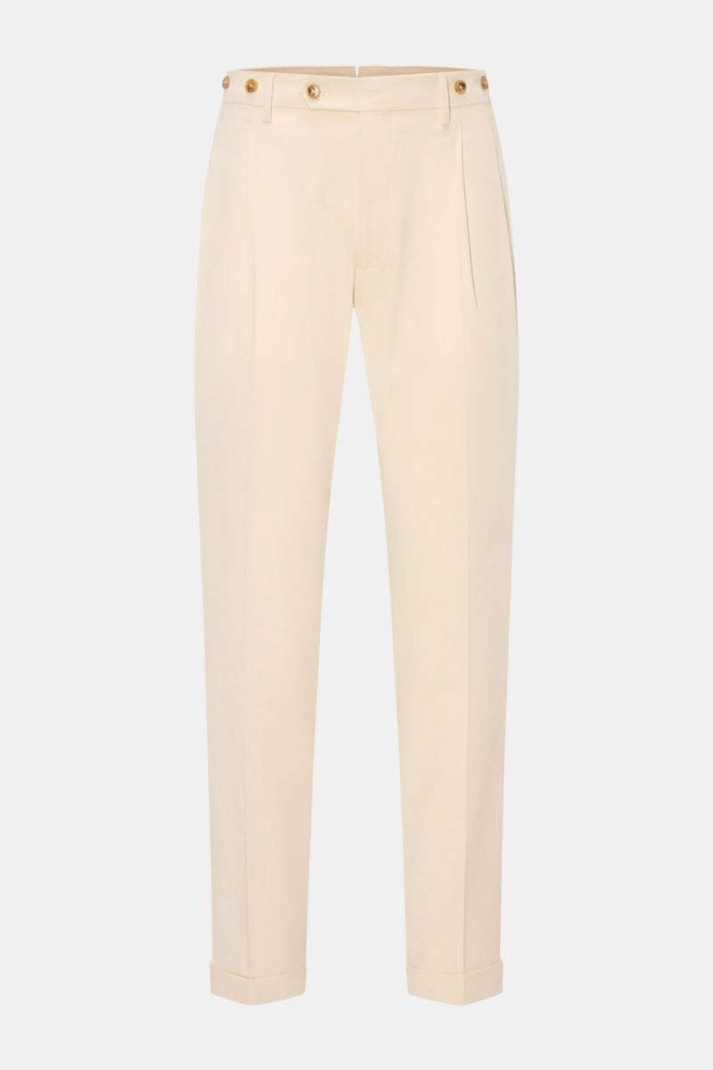 Berwich Chino 'Barber' creme, frontale Nahaufnahme, Baumwoll-Twill mit Stretch, Bundfalten, Knöpfe für Hosenträger, Regular Fit, Saumaufschlag.