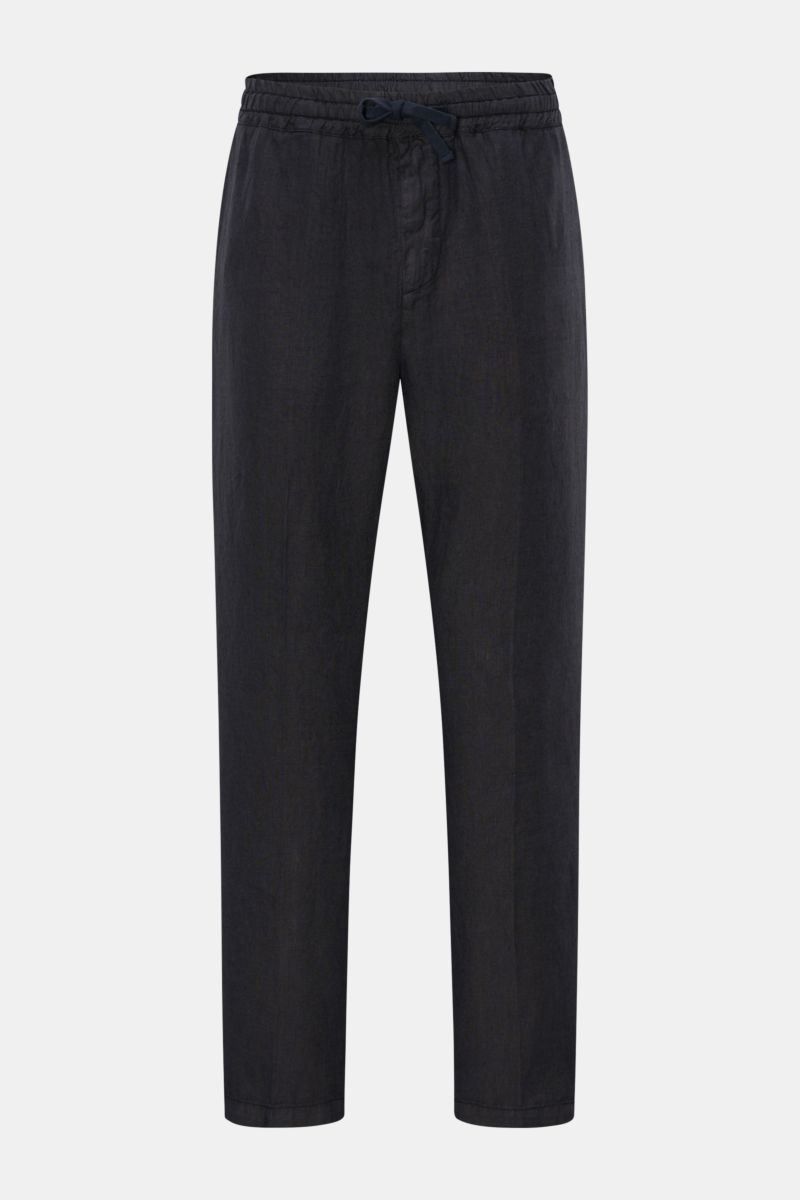 Altea Linen jogger pants 'Mattia' dark navy shown front-facing with elasticated waistband, drawstring, tapered fit, ankle length, French and back button pockets. Casual luxury for warm days: The jogger pants 'Mattia' in pure linen by ALTEA are the perfect
